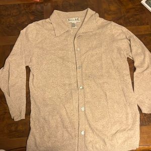 Tan Victoria Holley sweater with abalone shell buttons